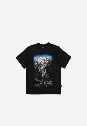 Black cotton t-shirt featuring a graphic print of a skeletal figure amidst a forest backdrop. The design uses blue and pink accents.