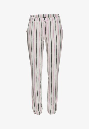 Hvide stribede bukser med vertikale mønstre i pink, sort og grå. Med elastisk talje og sidelommer for ekstra bekvemmelighed.
