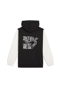 Czarna i biała bluza z kapturem z kieszenią typu kangur, z grafiką na plecach z napisem "FROZEN WAVE CULT". Rękawy w jasnym kolorze.