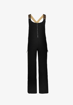 Zwarte jumpsuit met een ritssluiting aan de voorkant, brede pijpen en textuur met luipaardprint op de schouderbanden. Glad stoffenafwerking.