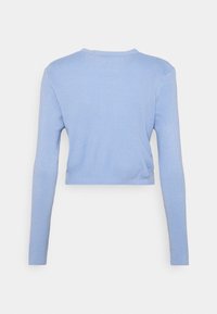 Cropped light blue ribbed sweater with long sleeves and a round neck. Smooth texture and subtle seam details at the sides.