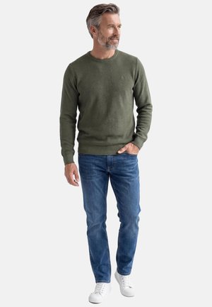 Uomo di mezza età con capelli e barba grigi, che indossa un maglione verde oliva, jeans blu e scarpe da ginnastica bianche, in piedi con una mano in tasca.