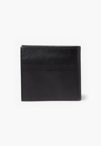 Svart läderplånbok med texturerad yta, vikbar design med två fällningar och synliga sömmar längs kanterna. Kompakt rektangulär form.