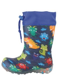 Rubberen regenlaars met een blauwe bovenkant, gekenmerkt door een meerkleurige monsterprint op een donkere achtergrond, en een gestructureerde, doorzichtige rubberen zool.