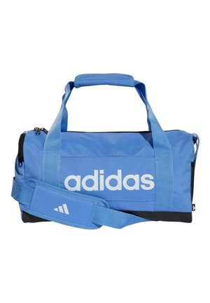 Borsa da palestra Adidas blu con base nera, doppie maniglie, tracolla imbottita e logo Adidas bianco sul lato.