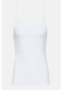 Top in camicia bianca con spalline sottili, design a V, realizzato in tessuto morbido, caratterizzato da una silhouette senza cuciture e uno stile minimalista.
