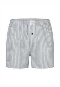 Herenboxers in lichtblauw met witte verticale strepen. Voorzien van een gulp met knopen en een elastische tailleband met label. Gemaakt van katoen, casual ontwerp.