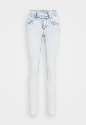 Jeans skinny de culoare albastră deschisă, cu un finisaj decolorat. Prezintă un design cu cinci buzunare, închidere cu fermoar și detalii cusute pe buzunarele din spate.