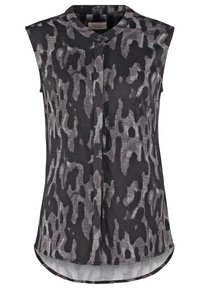 Sleeveless blouse in black and silver leopard print, featuring a rounded collar, button closure, and a curved hem. Made of soft fabric with a silky texture.