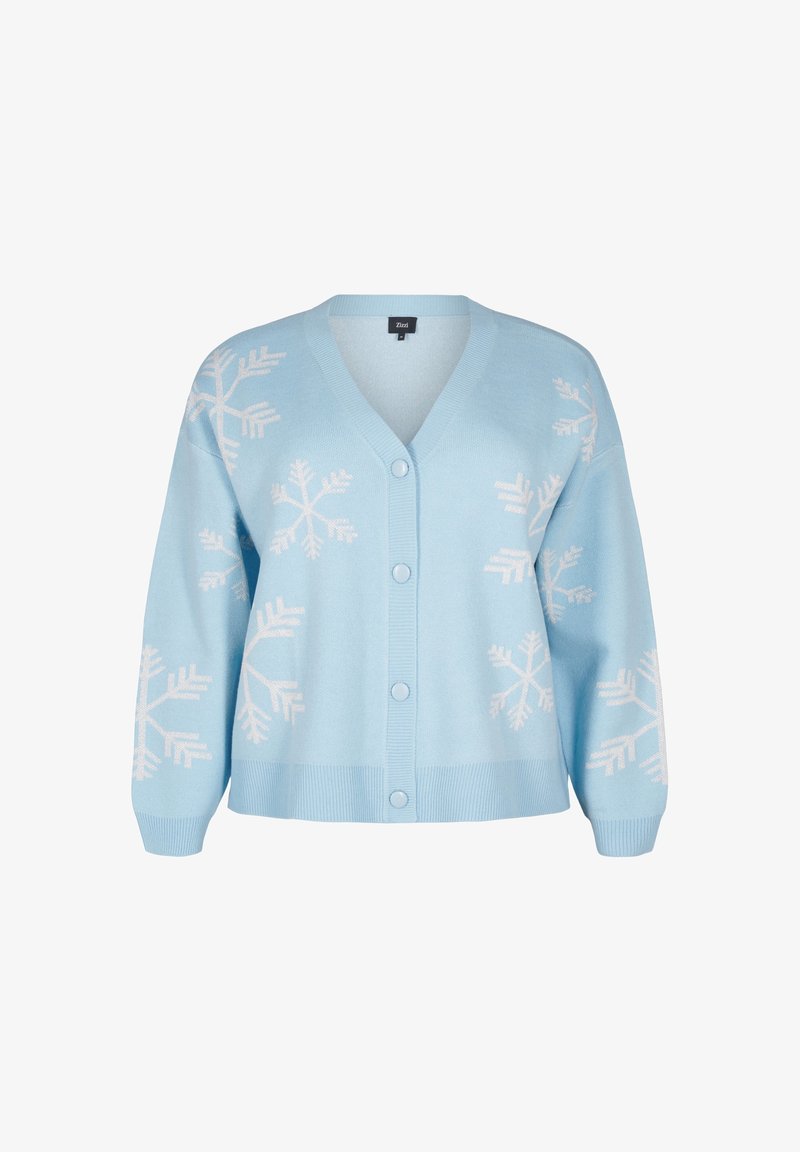 Light blue cardigan made from soft knit, featuring white snowflake patterns, a V-neckline, and five front buttons. Ribbed cuffs and hem.