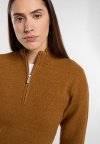 Brown zip-neck sweater with ribbed collar, made of soft knit fabric. Features a half zipper and fitted design.