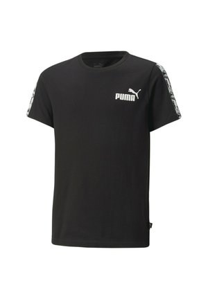 Czarny krótki rękaw koszulka Puma z białym logo Puma na piersi oraz wzorzystym białym i szarym paskowaniem na ramionach.