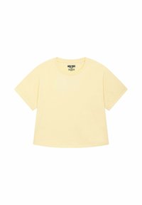 Lichtgele t-shirt met korte mouwen, ronde halslijn en een ontspannen pasvorm, met het label "MIRA PARIS" op het nektag. Eenvoudig, casual ontwerp.