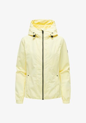 Lysegul hættetrøje med frontlynlås, justerbare snore i hætten, elastiske manchetter og sidelommer med knaplukning.