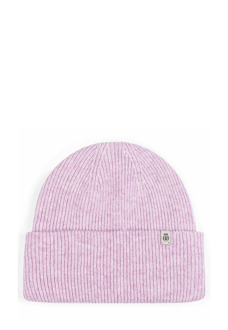 Pink ribbed knit beanie with a folded cuff, featuring a small logo tag on the side. Soft texture, simple design.