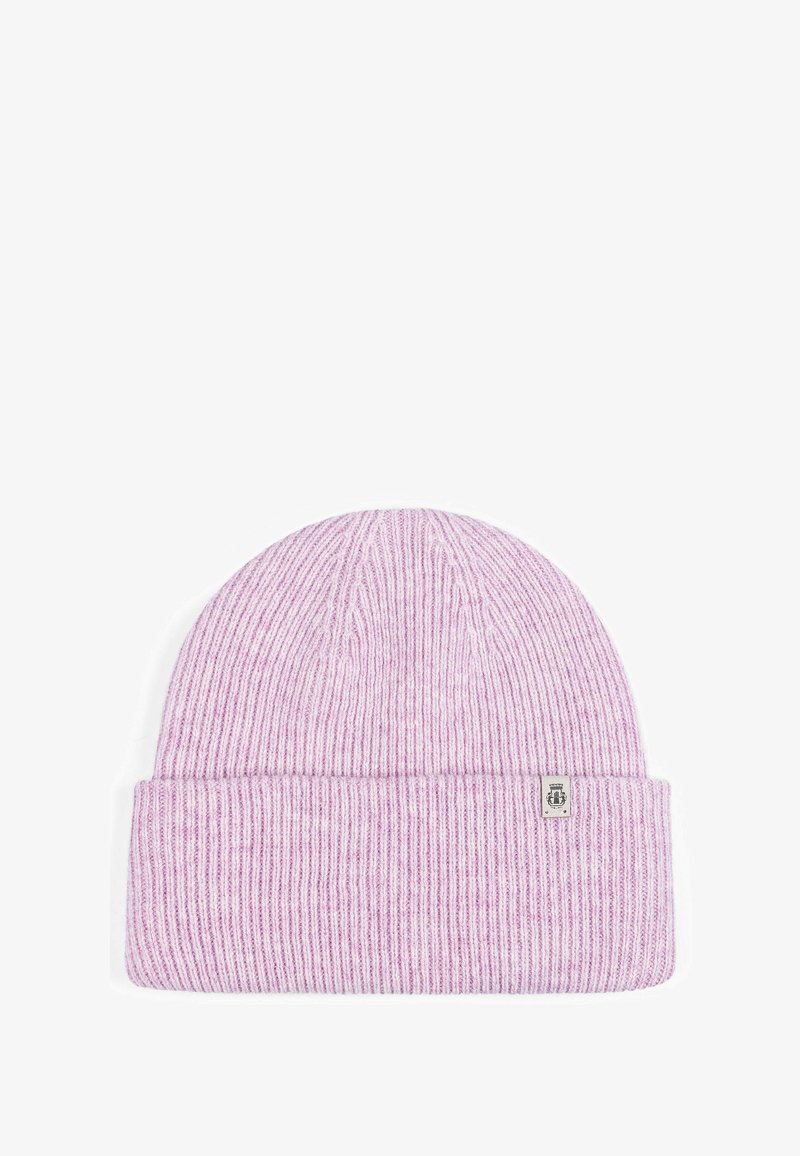 Pink ribbed knit beanie with a folded cuff, featuring a small logo tag on the side. Soft texture, simple design.