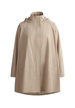 Beiger Kapuzenmantel mit dezentem Karomuster, langen Ärmeln und verdecktem Vorderverschluss, an einem weißen Hintergrund aufgehängt.