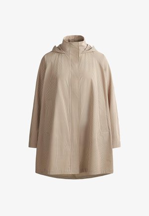 Beiger Kapuzenmantel mit dezentem Karomuster, langen Ärmeln und verdecktem Vorderverschluss, an einem weißen Hintergrund aufgehängt.