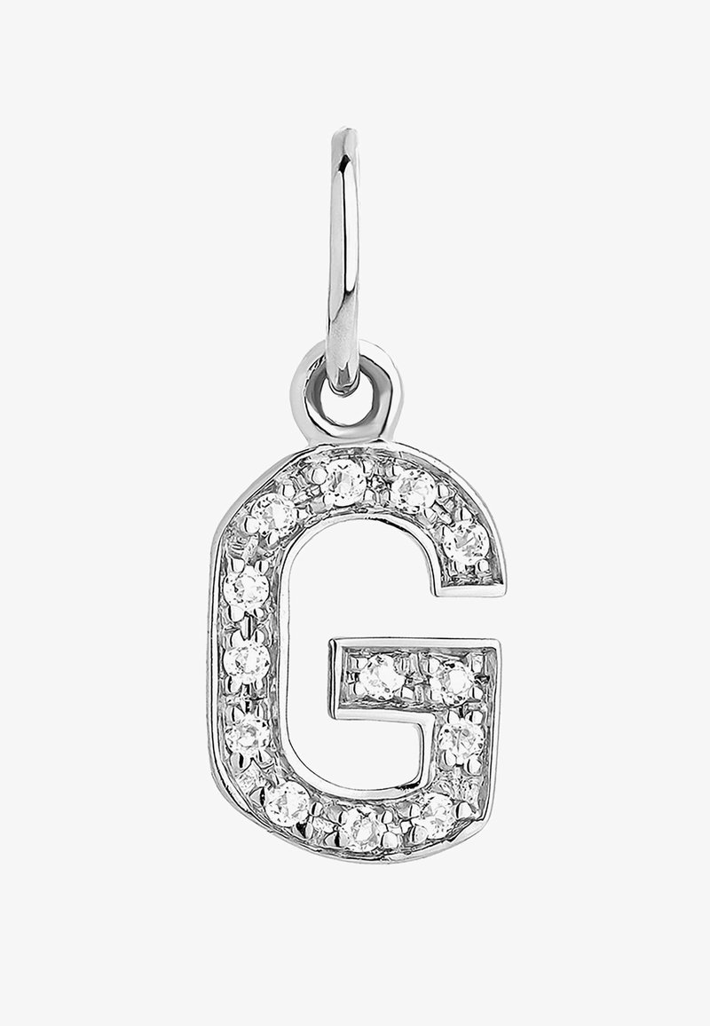 Colgante de plata en forma de la letra "G", adornado con piedras de strass transparentes, que cuenta con un lazo para su sujeción.