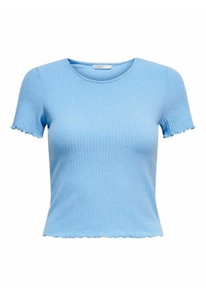 Hellblaues Kurzarmoberteil mit gerippter Textur und gewelltem Saum. Verfügt über einen runden Ausschnitt und ein tailliertes Design.