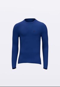 Blå genser med lange ermer laget av mykt strikkemateriale, med rund hals og ribbestrikkede mansjetter og kant. Inkluderer en liten logo på brystet.