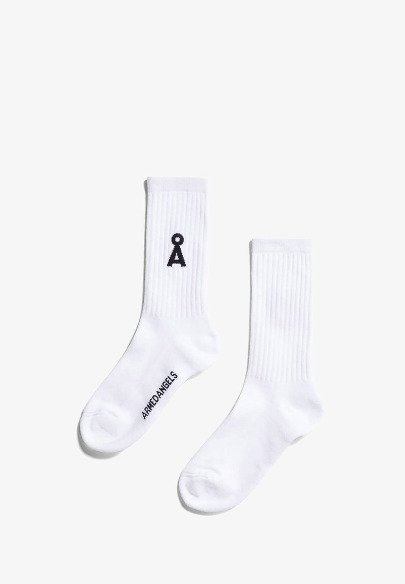 White cotton socks with ribbed texture, featuring a black logo symbol and brand name "ARKEDANGELS" printed on the side.