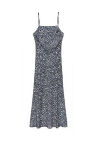 Satin särkklänning med justerbara axelband, med ett mörkgrått blommönster, en figurnära bodice och en utsvängd nederkant. Slät textur.