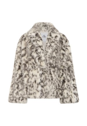 Cappotto corto in pelliccia sintetica con motivo maculato in tonalità di crema, grigio e marrone, caratterizzato da un ampio colletto e maniche lunghe.