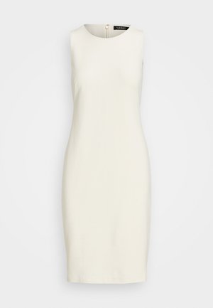 Ärmelloses, cremefarbenes Kleid mit rundem Ausschnitt und einem Reißverschluss auf der Rückseite. Glattes Material mit einer figurbetonten Silhouette und geradem Saum.