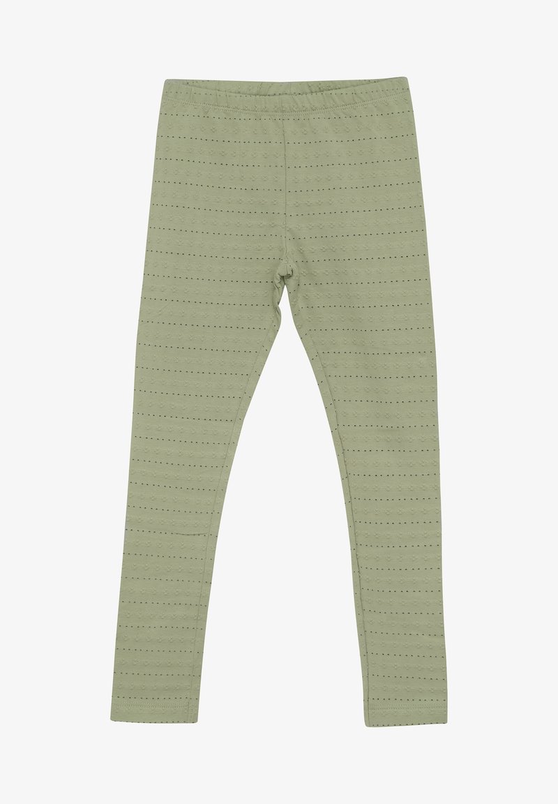 Leggings vert clair avec une texture lisse, ornés de rayures horizontales et de petits pois noirs. Taille élastique pour le confort.