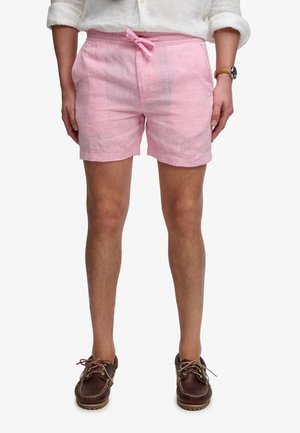 Osoba ubrana w jasnoróżowe szorty ze ściągaczem, białą podwiniętą koszulę, brązowe skórzane buty żeglarskie i zegarek na nadgarstku. Widoczne nogi.