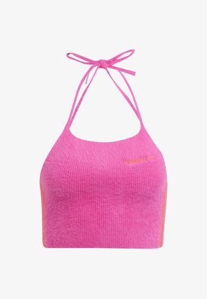 Roza skrajni halter top iz mehkega rebrastega materiala z naramnicami in oranžnim poudarkom. Na sprednji strani ima izšito blagovno znamko.