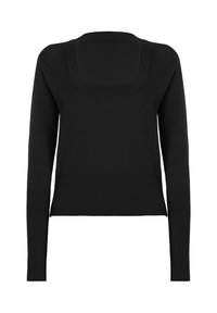 Sort sweater lavet af blødt strikket materiale, med en firkantet halsudskæring, lange ærmer og ribkant nederst og ved ærmerne. Enkel, tætsiddende design.