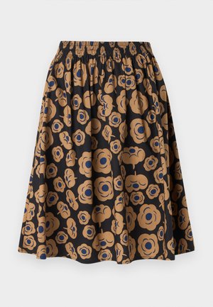 Jupe noire avec une ceinture élastique ornée d'un motif floral beige et bleu, présentant une silhouette évasée et froncée.