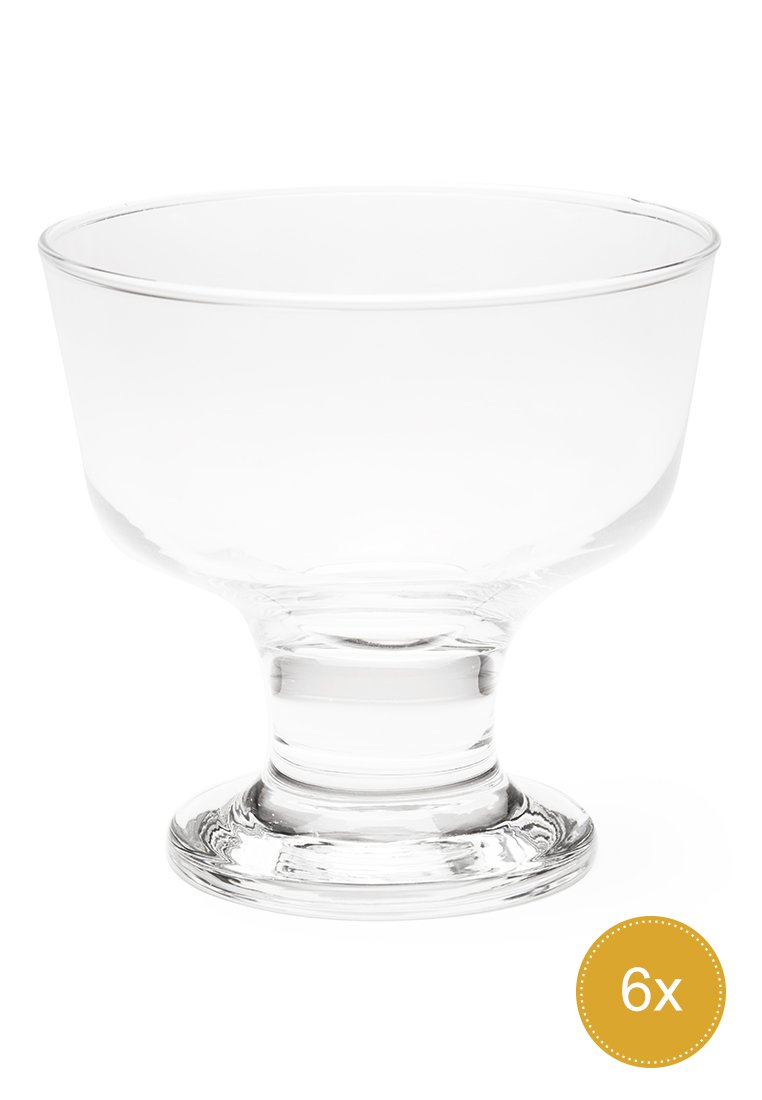 Klarer Glas-Dessertbecher mit breitem, flared Rand und stabilem Fuß. Glatte Textur und minimalistisches Design. Verkauft im Set von sechs.