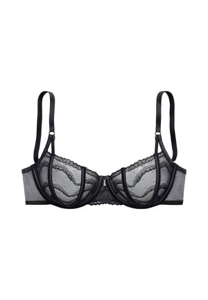 Black lace bra with underwire, featuring sheer mesh cups, scalloped edges, and decorative hardware at the center front. Adjustable straps.