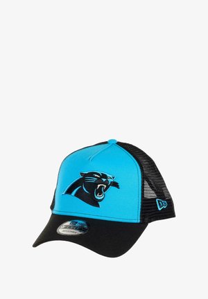 Blau und schwarze verstellbare Kappe mit gesticktem Panther-Logo, strukturierte Vorderseite, Netzrücken, abgerundeter Schild und einem New Era-Aufkleber auf dem Schirm.