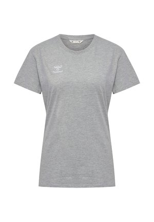 Grå t-shirt med korte ærmer og rund halsudskæring med hvid hummel-logo på venstre bryst, lavet af let bomuldsstof.