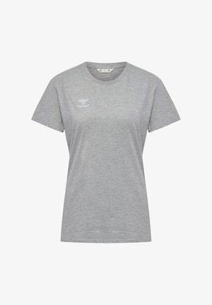 Szara koszulka z krótkim rękawem i okrągłym dekoltem z białym logo hummel na lewej piersi, wykonana z lekkiego bawełnianego materiału.