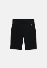 Pantaloni sportivi neri con una texture liscia, vita elastica e un piccolo logo rosso e bianco sul lato sinistro.