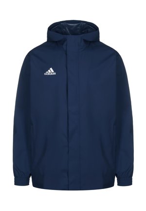 Navy blue waterproof jacket with a hood, elastic cuffs, and side pockets. Features a white Adidas logo on the upper left chest.