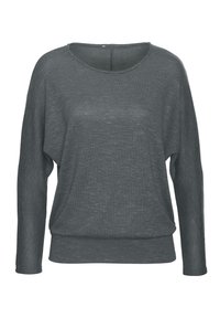 Grauer Pullover mit langen Ärmeln, weitem Ausschnitt, lockerer Passform und leichtem Material. Mit abgerundetem Saum und subtiler Slub-Struktur.