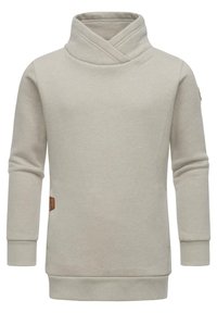 Felpa beige con scollo a cerniera incrociata, maniche lunghe, polsini a coste, spacco laterale e un piccolo etichetta marrone sul lato sinistro.