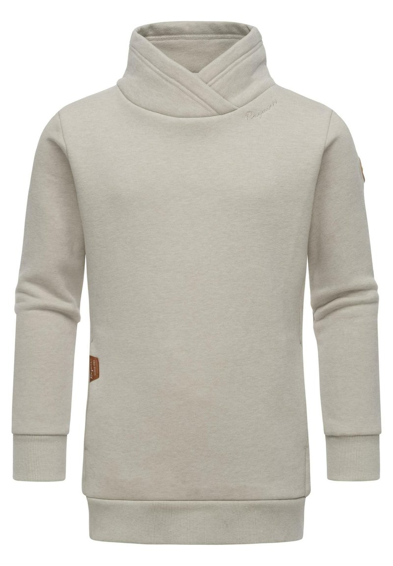 Felpa beige con scollo a cerniera incrociata, maniche lunghe, polsini a coste, spacco laterale e un piccolo etichetta marrone sul lato sinistro.