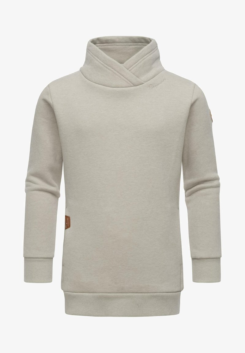 Beige sweatshirt with a crossover cowl neckline, long sleeves, ribbed cuffs, side split, and a small brown label on the left side.
