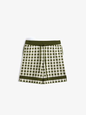 Shorts à carreaux verts et blancs avec une ceinture élastique, un cordon de serrage et un ourlet plié. Fabriqués en tissu doux avec une coupe décontractée.