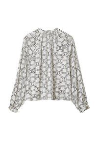Blusa bianca a maniche lunghe con un motivo geometrico nero. Presenta un colletto arricciato e polsini elasticizzati per un tocco di texture in più.