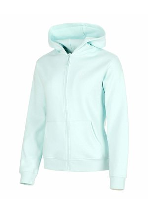 Hellblauer Kapuzenpullover mit Reißverschluss, Fronttaschen und Kapuze, vor weißem Hintergrund gezeigt.