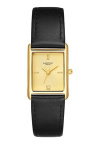 Reloj rectangular con una esfera texturizada en tono dorado y correa de cuero negra. Presenta marcadores de hora minimalistas y una corona en el lateral.