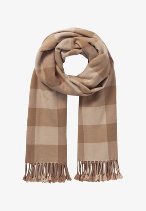 Écharpe à carreaux aux tons beige et marron clair, bouclée lâchement avec des extrémités à franges sur un fond blanc.